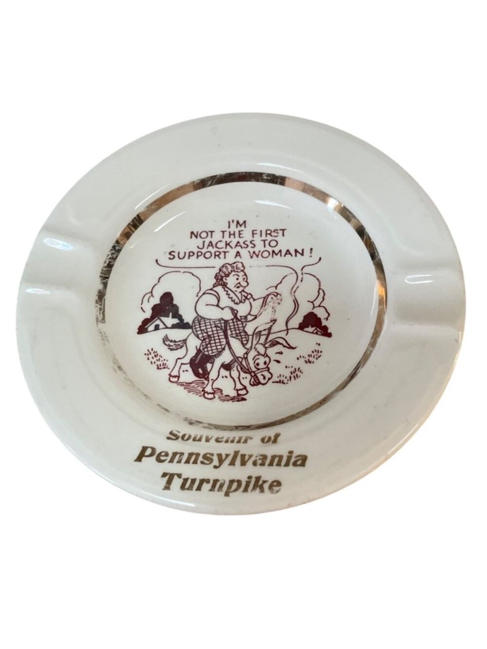 Vtg Pennsylvania Turnpike Souvenir Ceramic Ashtray w Adult Humor Donkey Woman